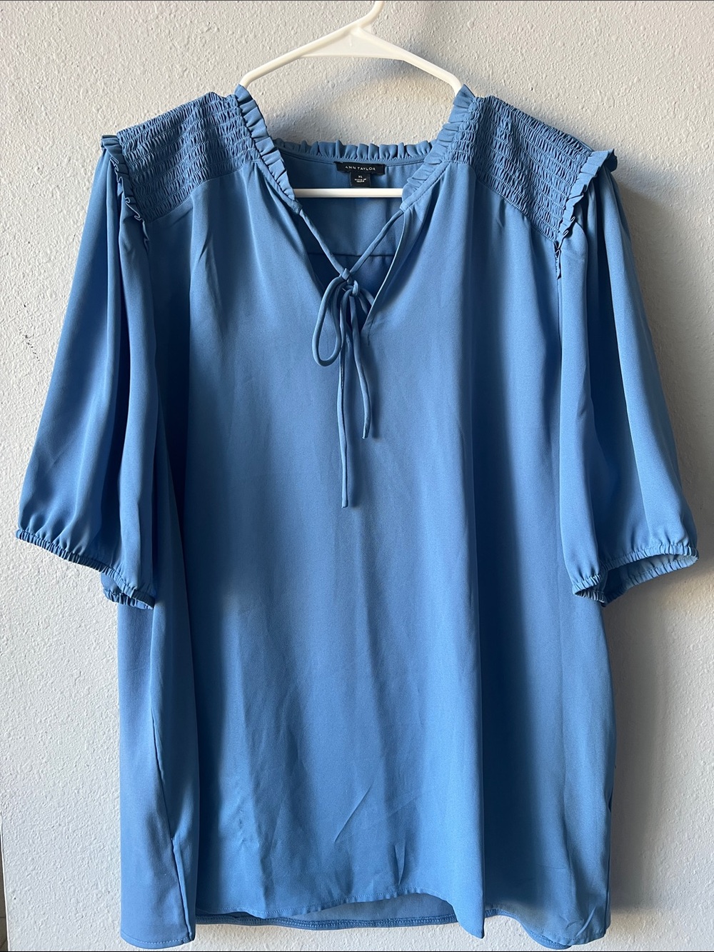 Ann Taylor Tie-Neck Smocked Shoulder Top - Picture 2 of 6